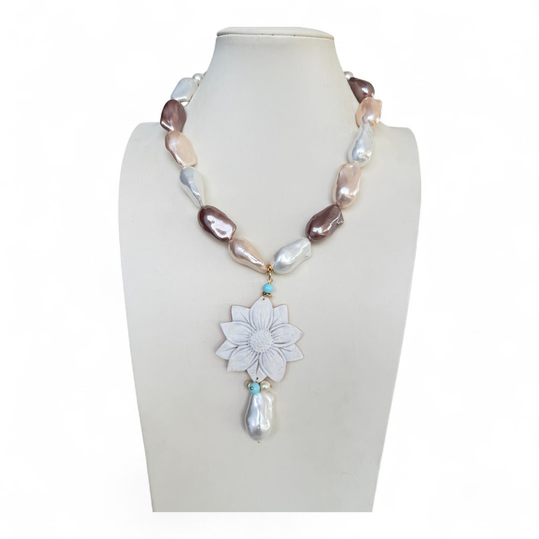 End of collection - "Fiore Margherita" necklace with sardonic cameo set in multicolored Mallorca pearls.