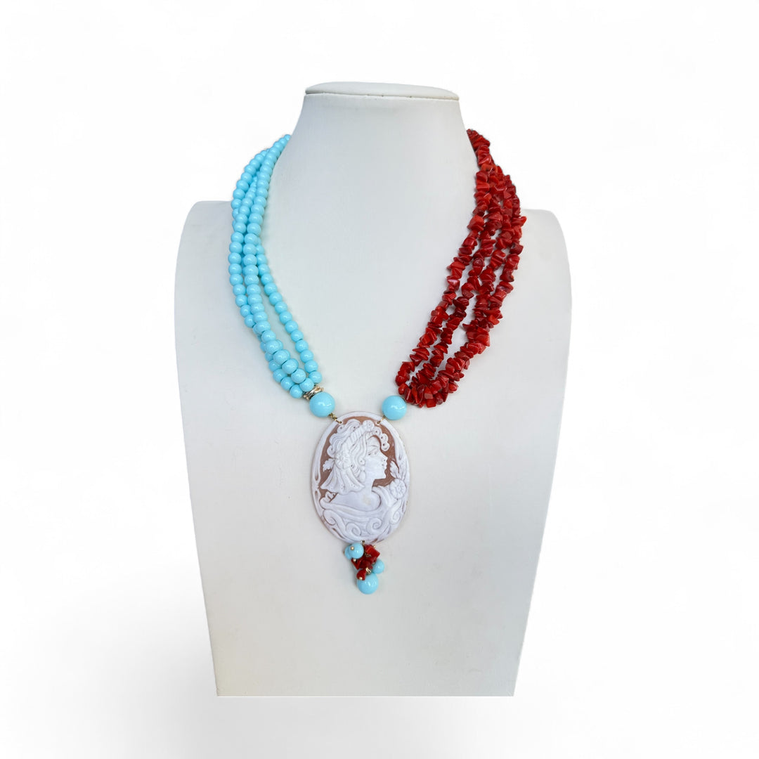 End of collection - "Lady" pendant necklace made of sardonic cameo mounted in turquoise paste, 4 flowers and coral paste