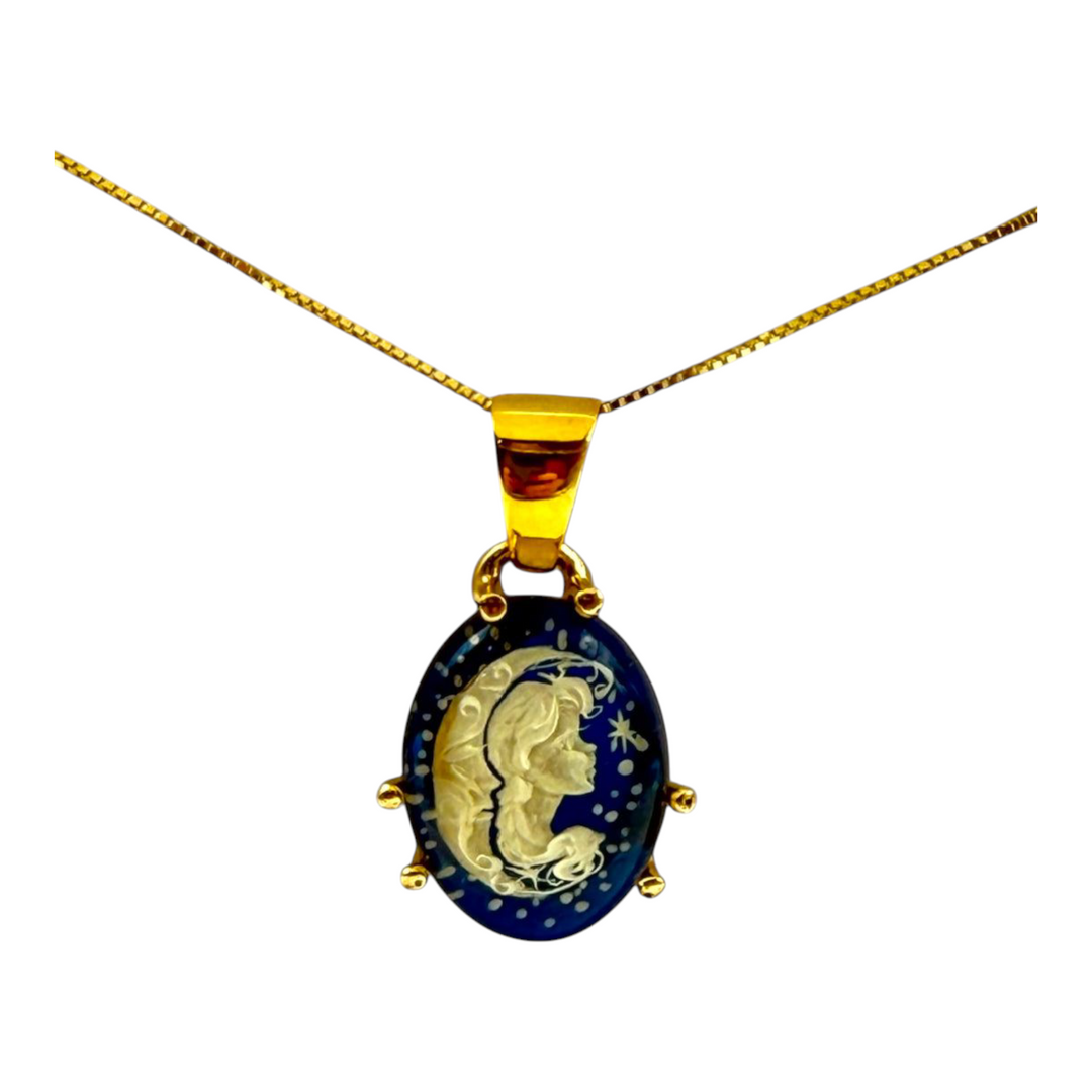 End of collection - "Lady Moon" pendant necklace in retro-engraved blue amber set in silver