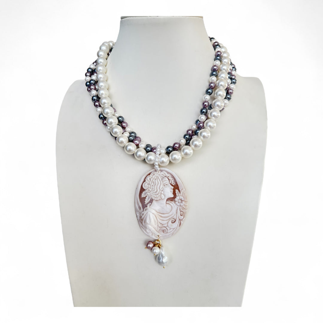 End of collection - “Lady” cameo necklace mounted in multi-strand Majorcan pearls