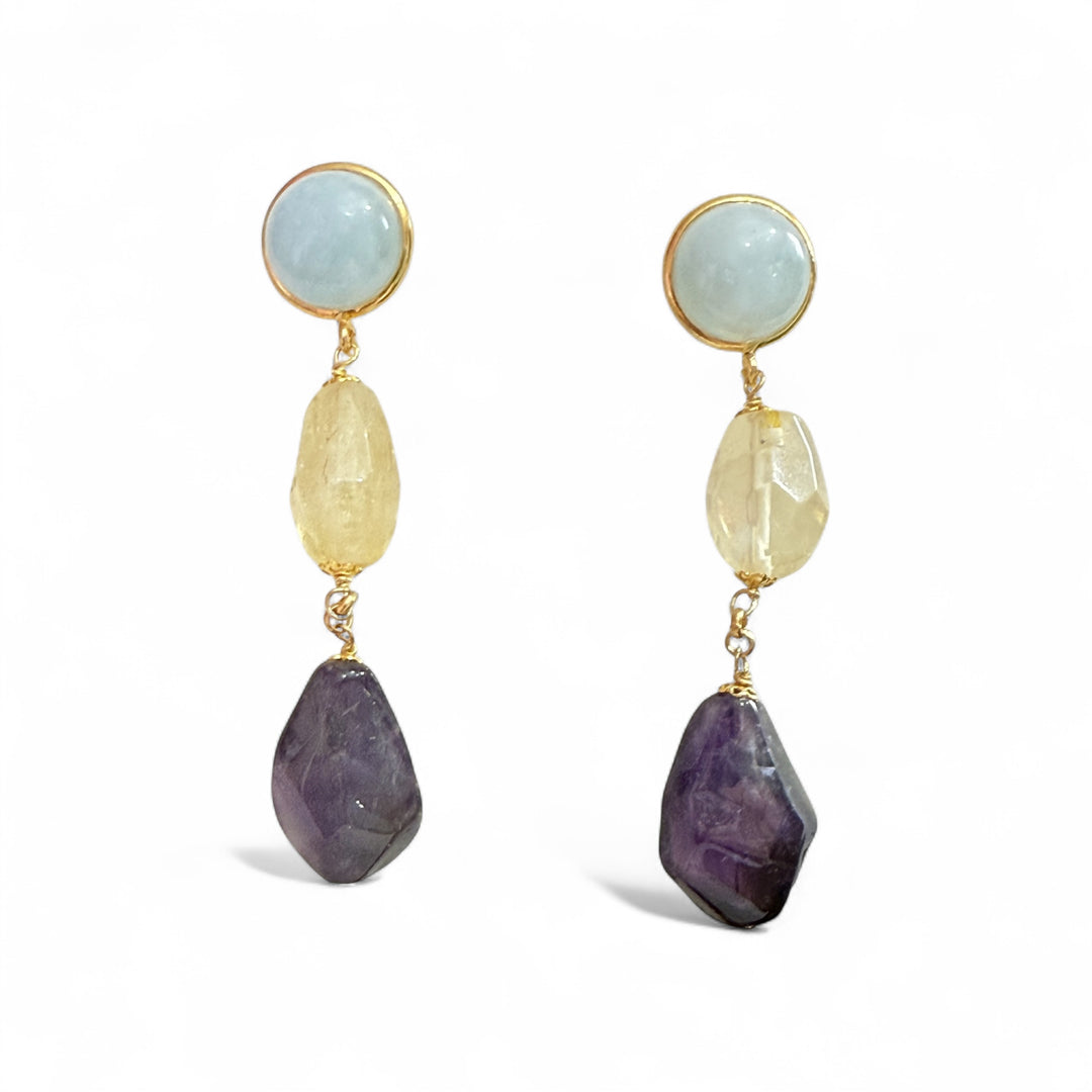 End of collection - Aquamarine, citrine, and amethyst earrings set in silver