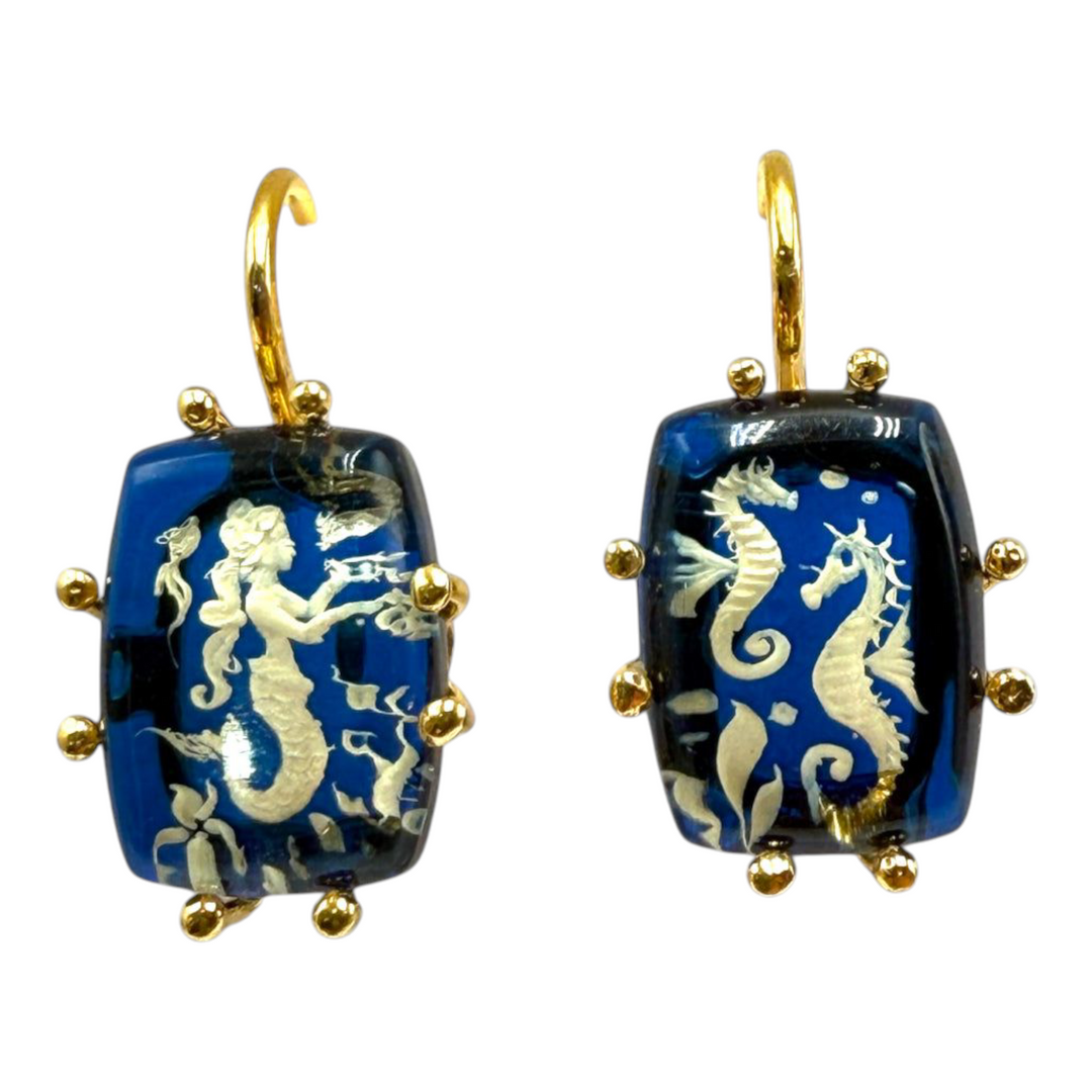 End of collection - Alternative earrings retro engraved on blue amber mounted on silver