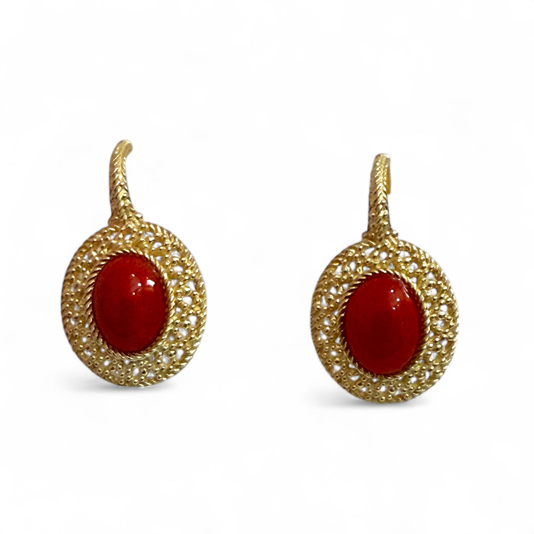 End of collection - Red coral hoop earrings set in silver
