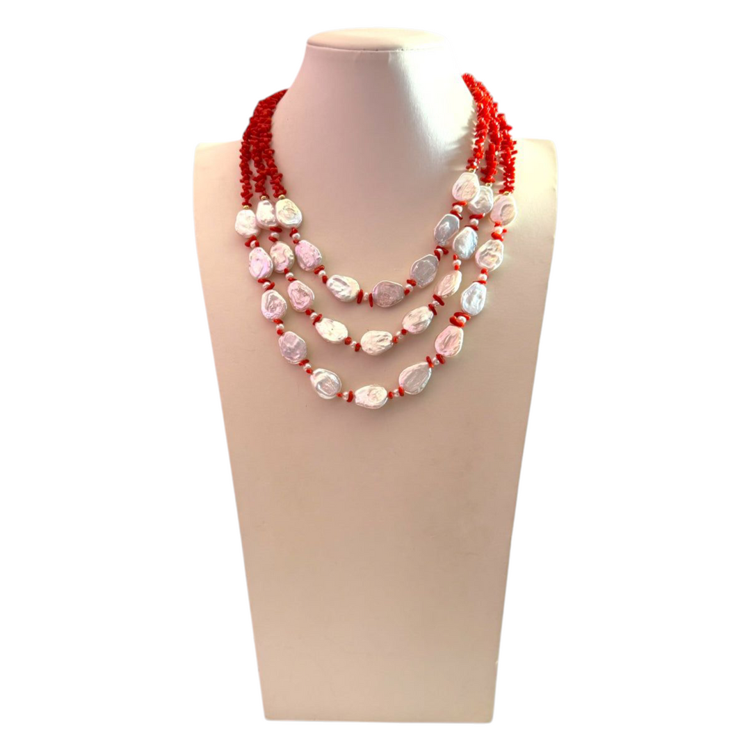 Fine collection - necklace in red coral and baroque pearls mounted on silver
