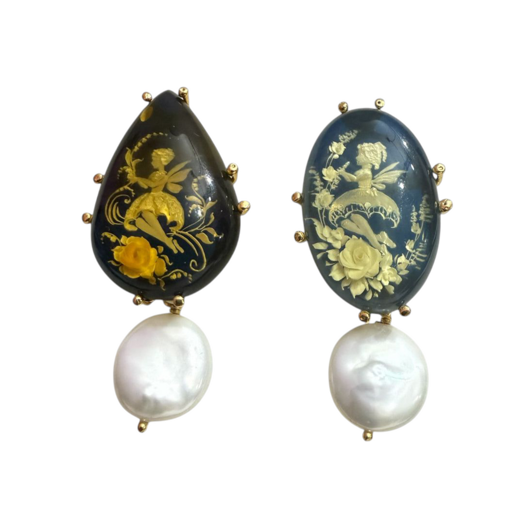 End of collection - “fairy earrings” retro engraved on blue amber mounted on silver