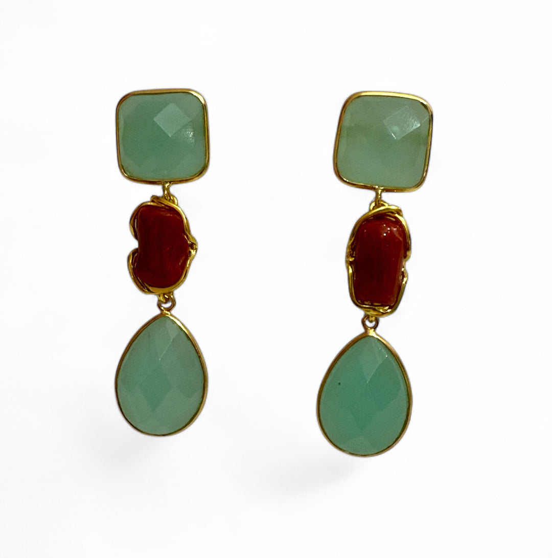 Coral and aquamarine earrings set in silver