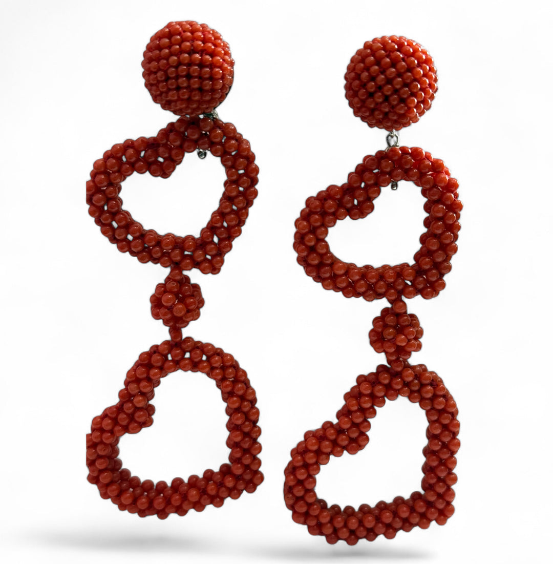 Orecchini cuore in corallo rosso vero lavorazione tessita montato su argento