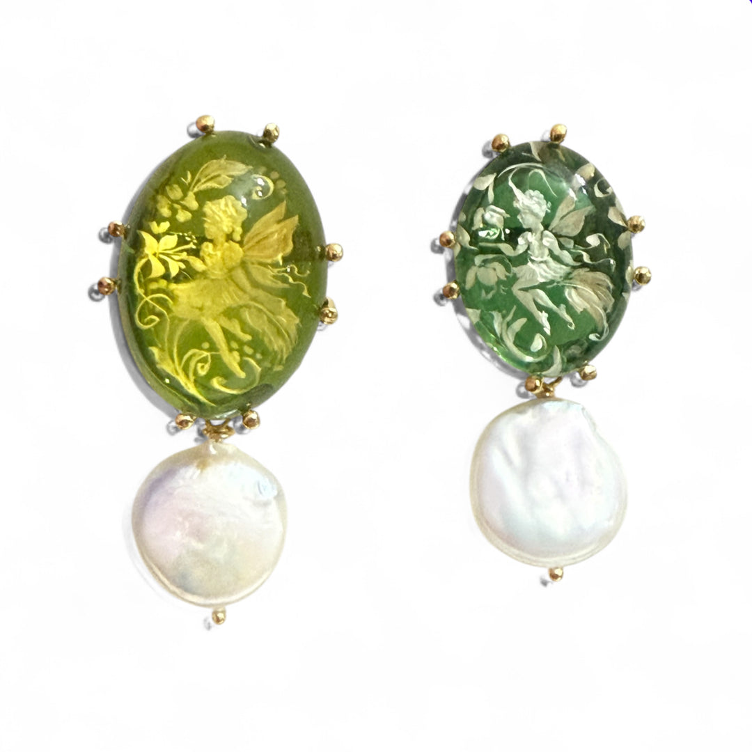 End of collection - alternative earrings "fairy" on green amber mounted on silver