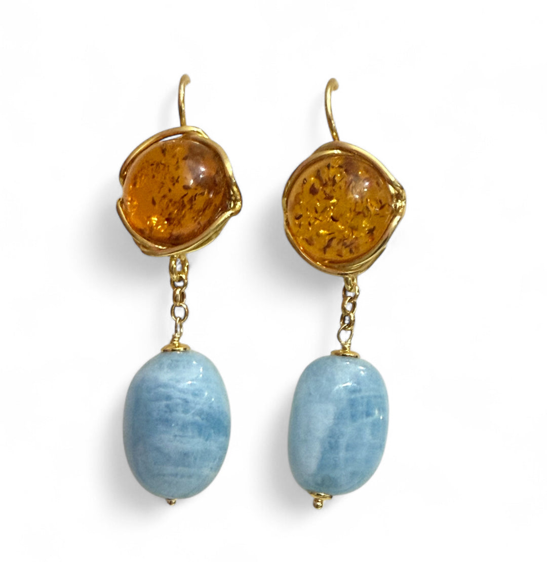 Amber and aquamarine earrings mounted on silver
