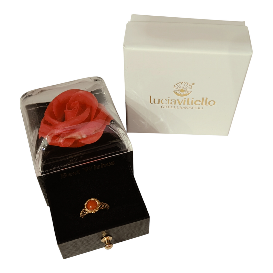 Valentine's Day Gift Idea - Red Coral Ring with Pink Box
