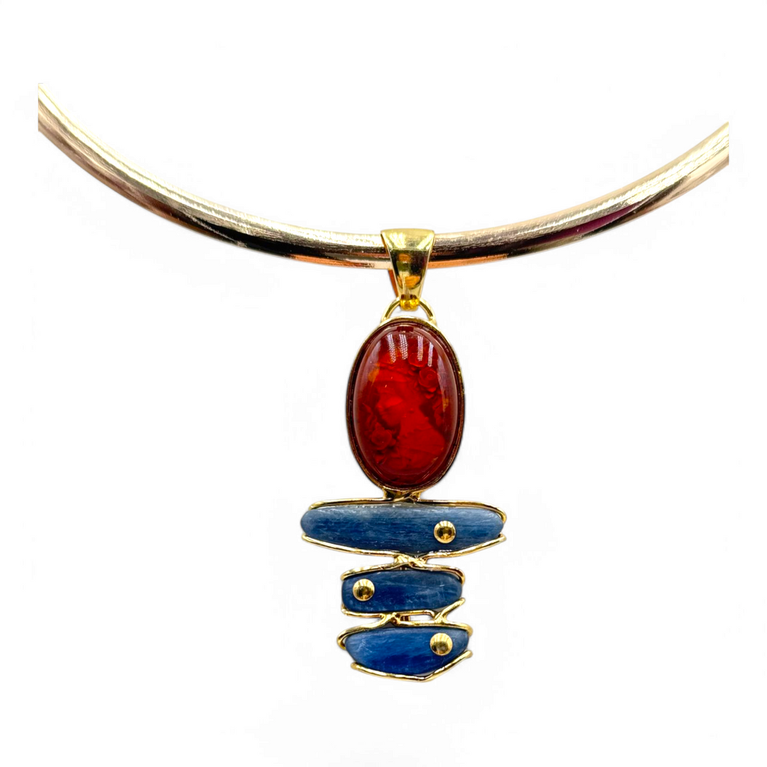 Goddess necklace pendant Baltic amber and kyanite mounted on silver