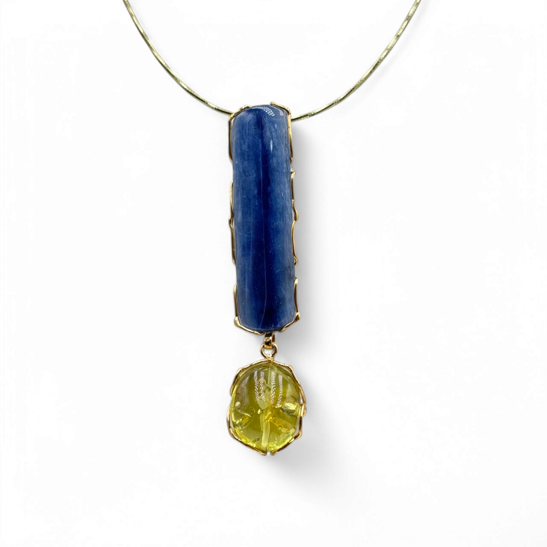 Kyanite and Baltic Green Amber Necklace Mounted on Silver