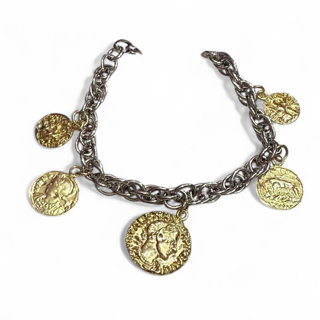 Bracelet with engraved Roman coins in silver and gold-plated silver