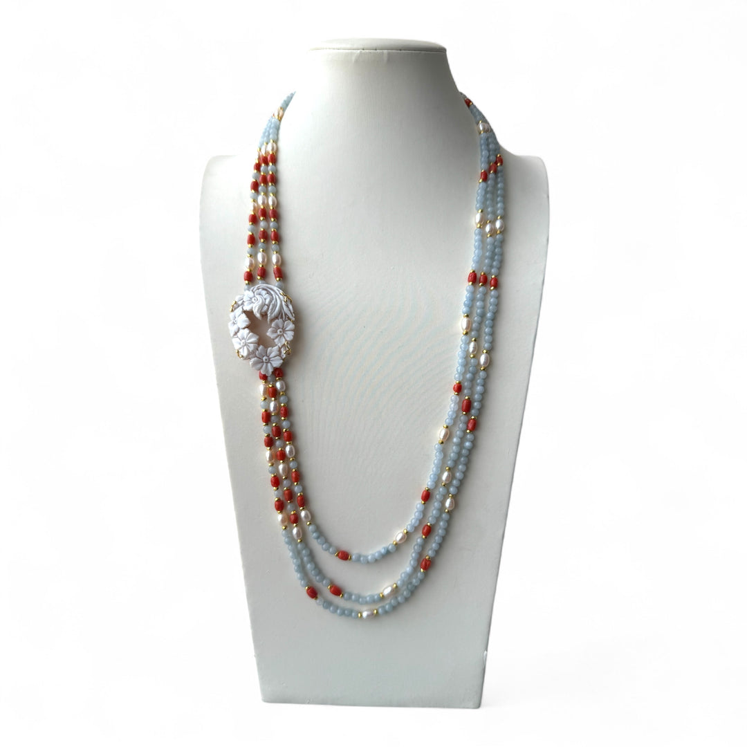 Collana cammeo, acquamarina, corallo e perle montato su argento