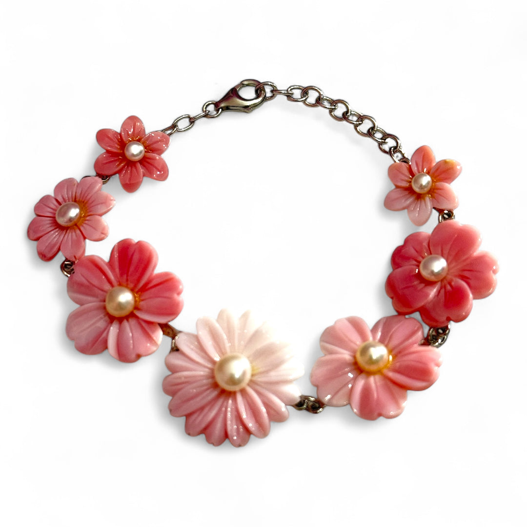 Bracciale fiori in conchiglia sardonica montato su argento