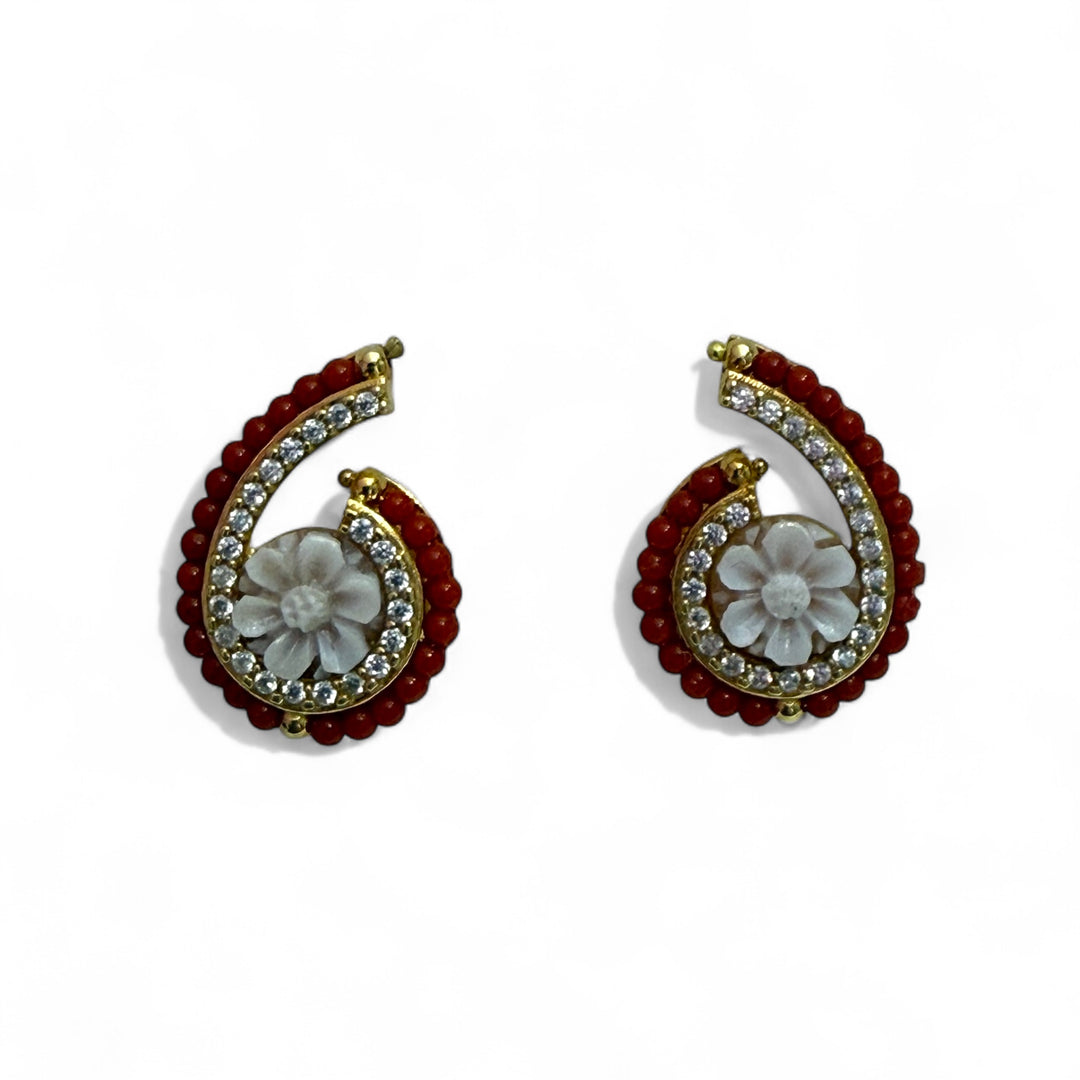 Coral and cameo comma earrings mounted on silver and zirconia