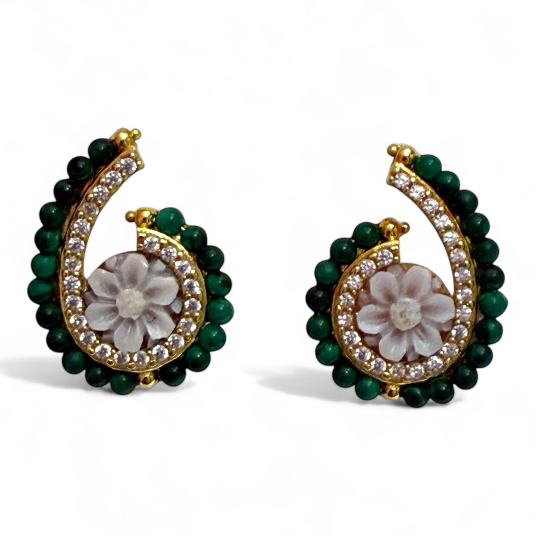 Green jade and cameo comma earrings set with zirconia and silver