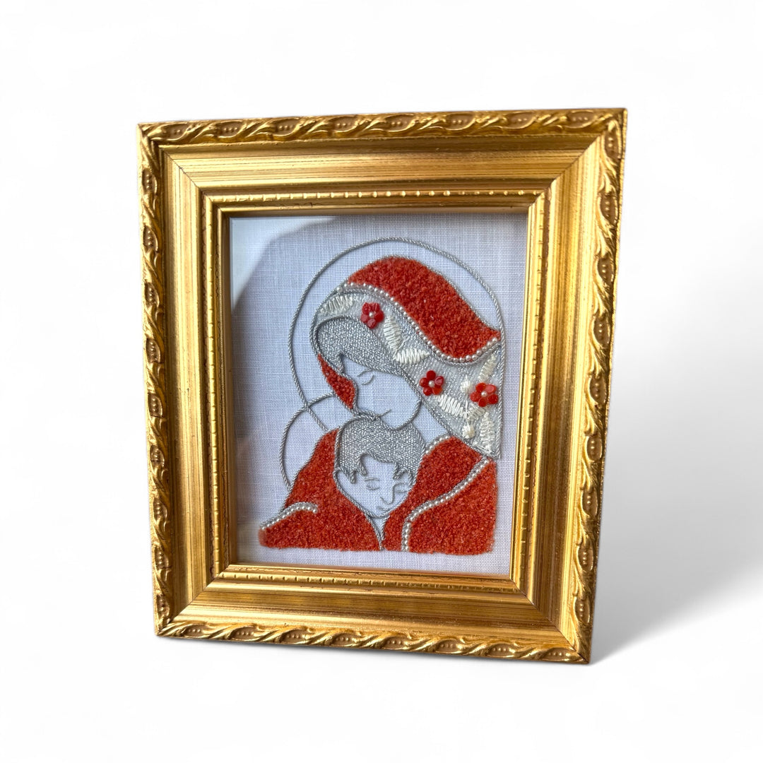 Painting of the Madonna and Child - in coral and workmanship on canvas