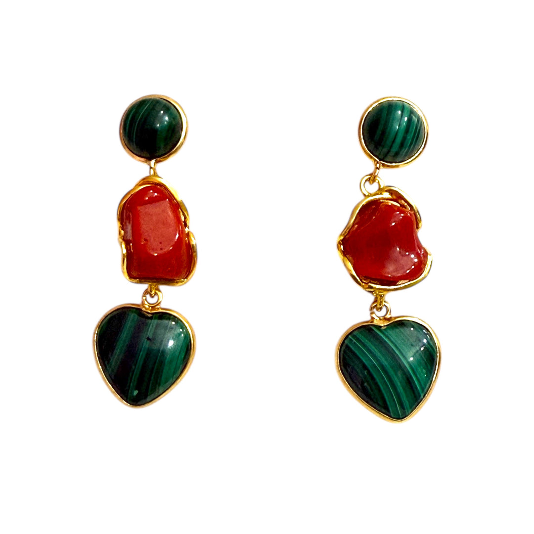 End of collection - malachite and coral heart earrings set in silver