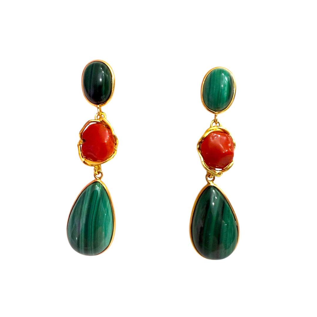 Malachite and coral drop earrings set in silver