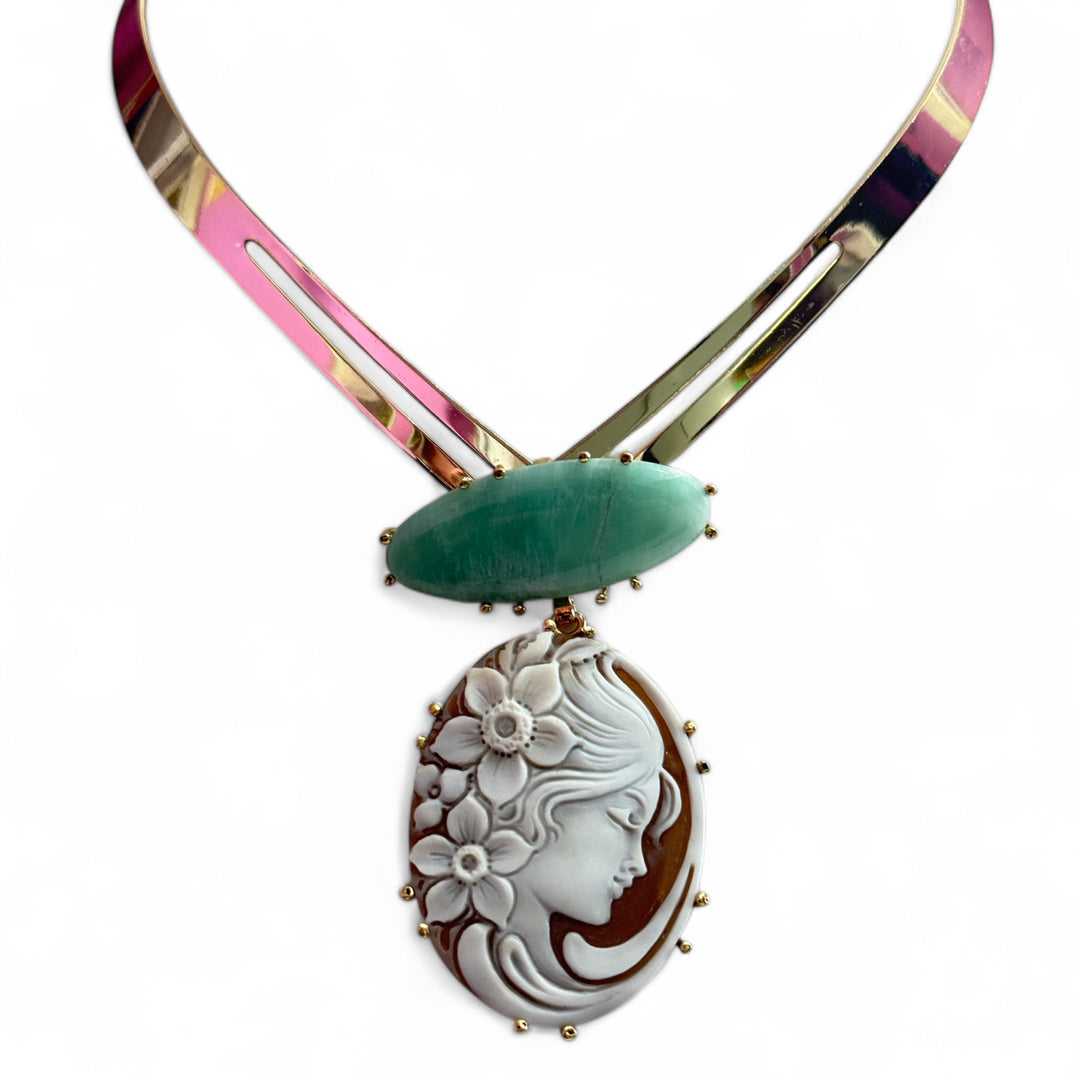 "Lady of Love" pendant necklace made of sardonic shell mounted in aquamarine and gold-plated silver