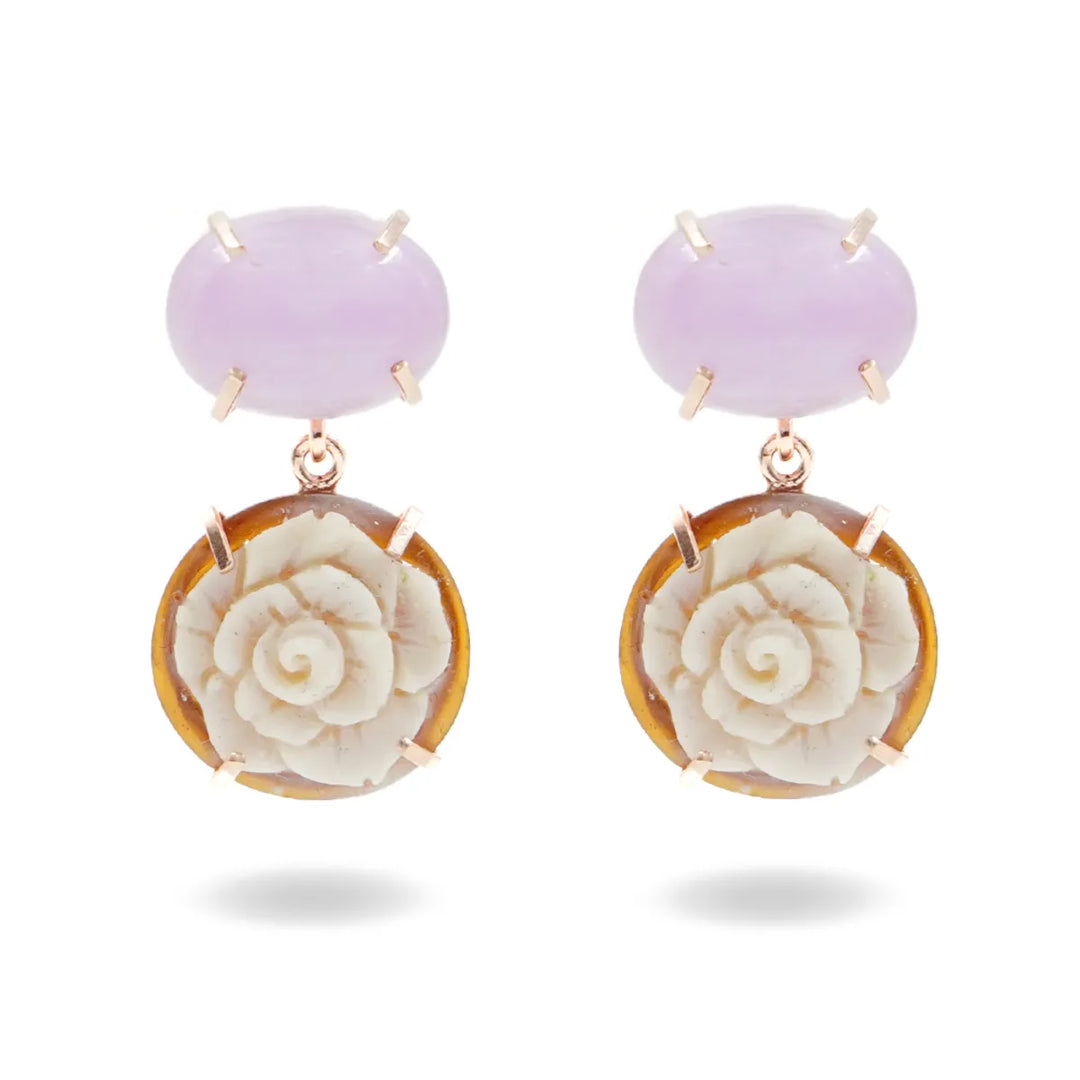 Cameo and kunzite earrings mounted in gold-plated silver