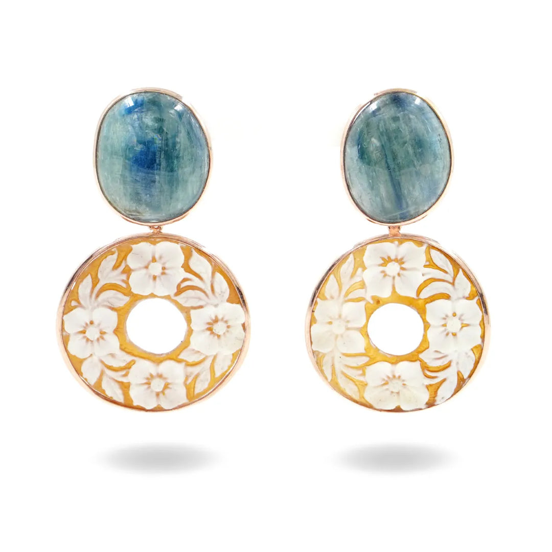 Cameo and kyanite flower earrings, mounted on rose-plated silver