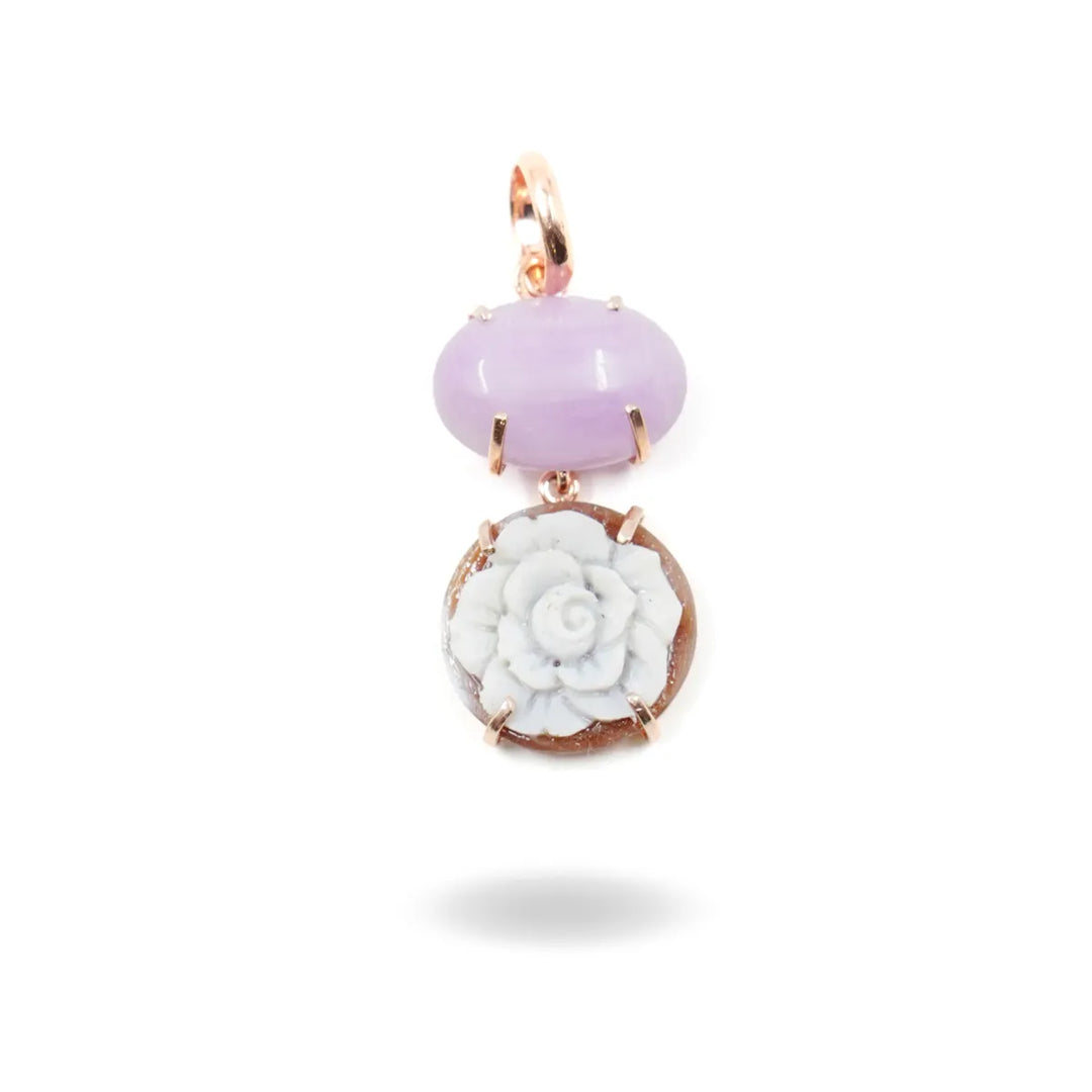 Cameo and kunzite flower pendant mounted on copper-plated silver
