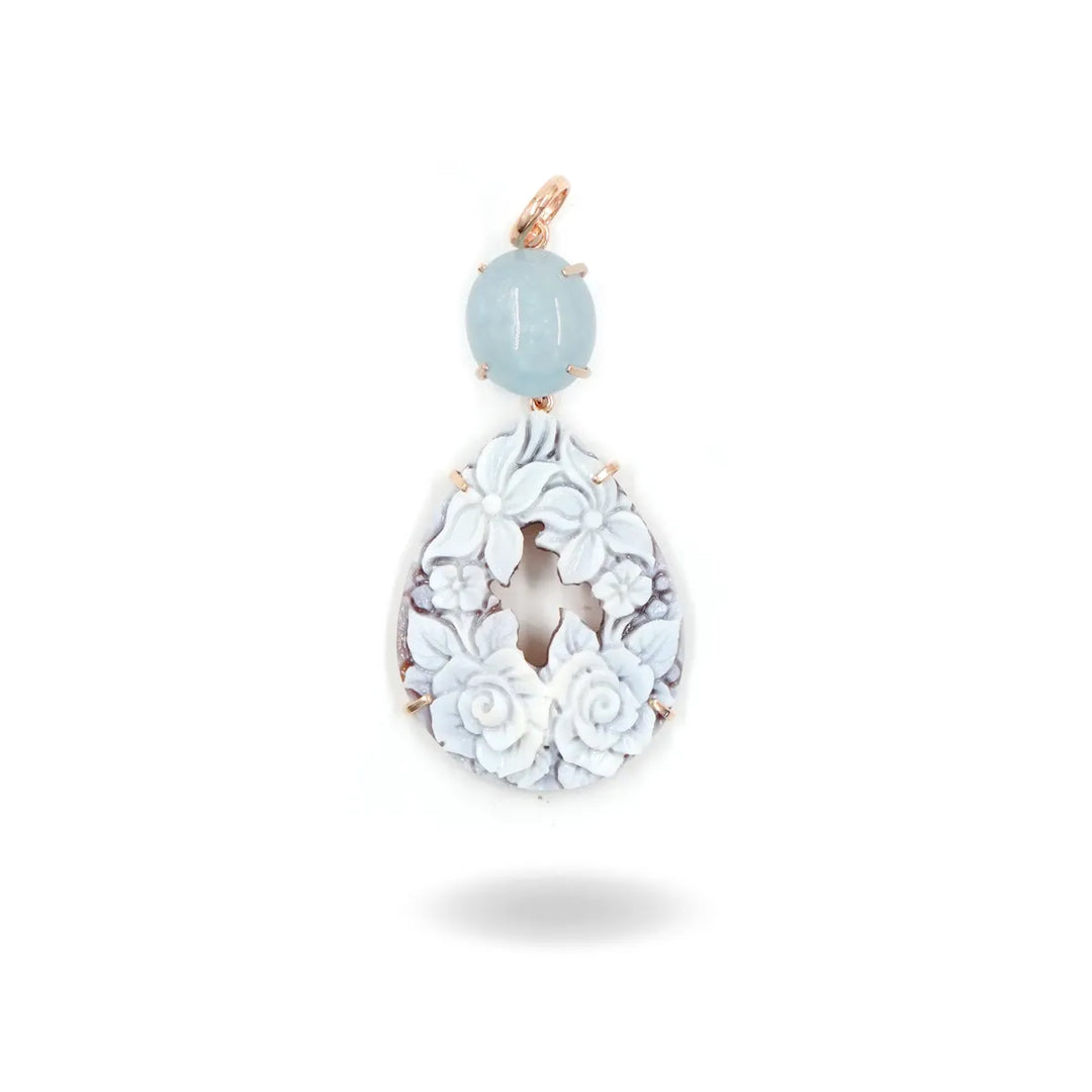 Creole pendant with cameo and aquamarine set in copper-plated silver