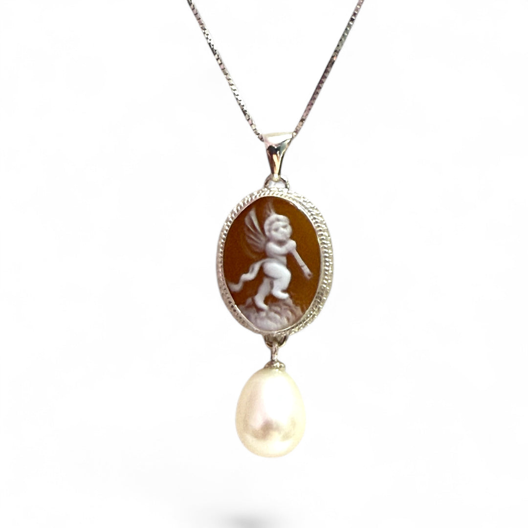 “Dancing Angel” pendant necklace made of sardonic cameo mounted on silver