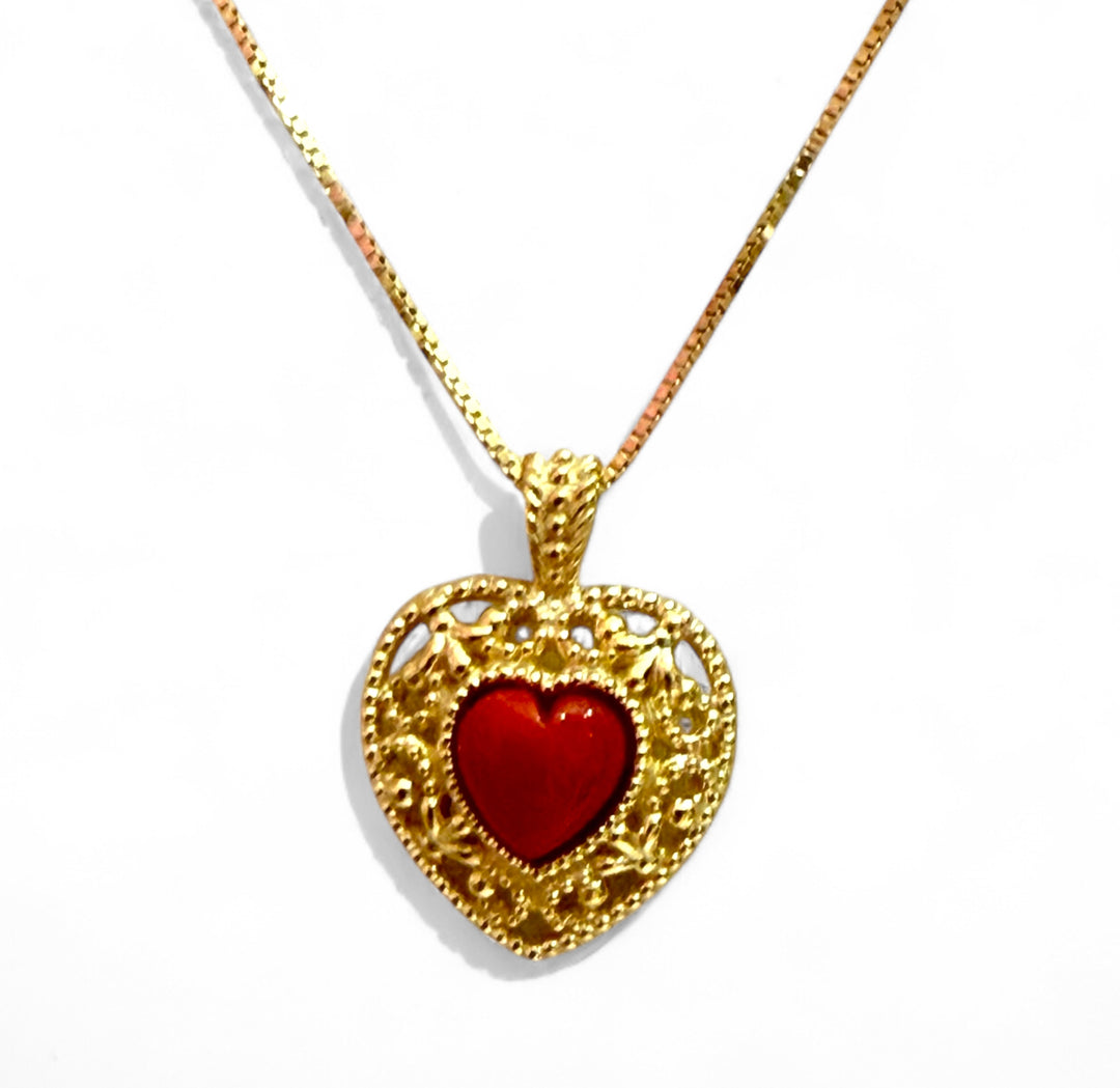 Gift idea - red coral heart necklace mounted in gold-plated silver filigree