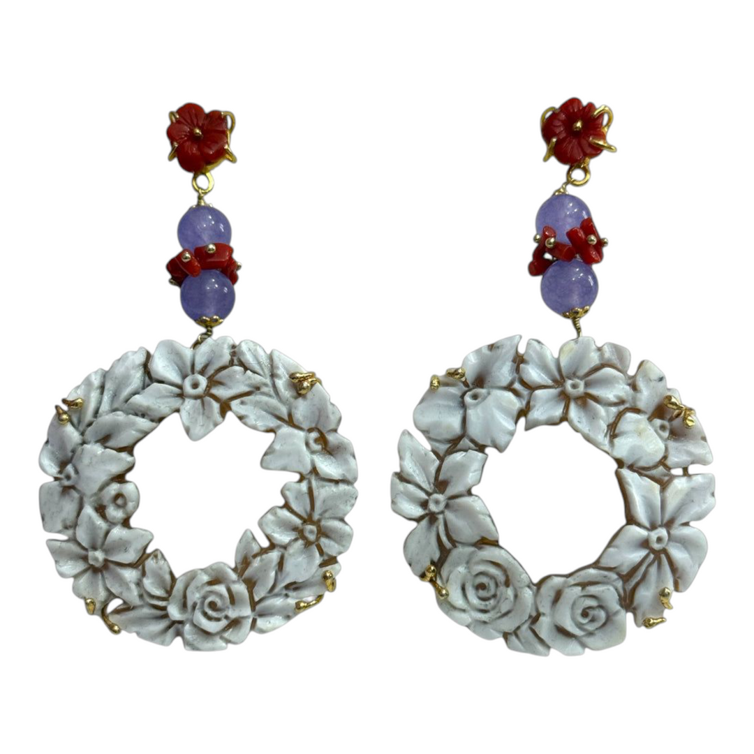 Cameo, amethyst, and coral creole earrings set in silver