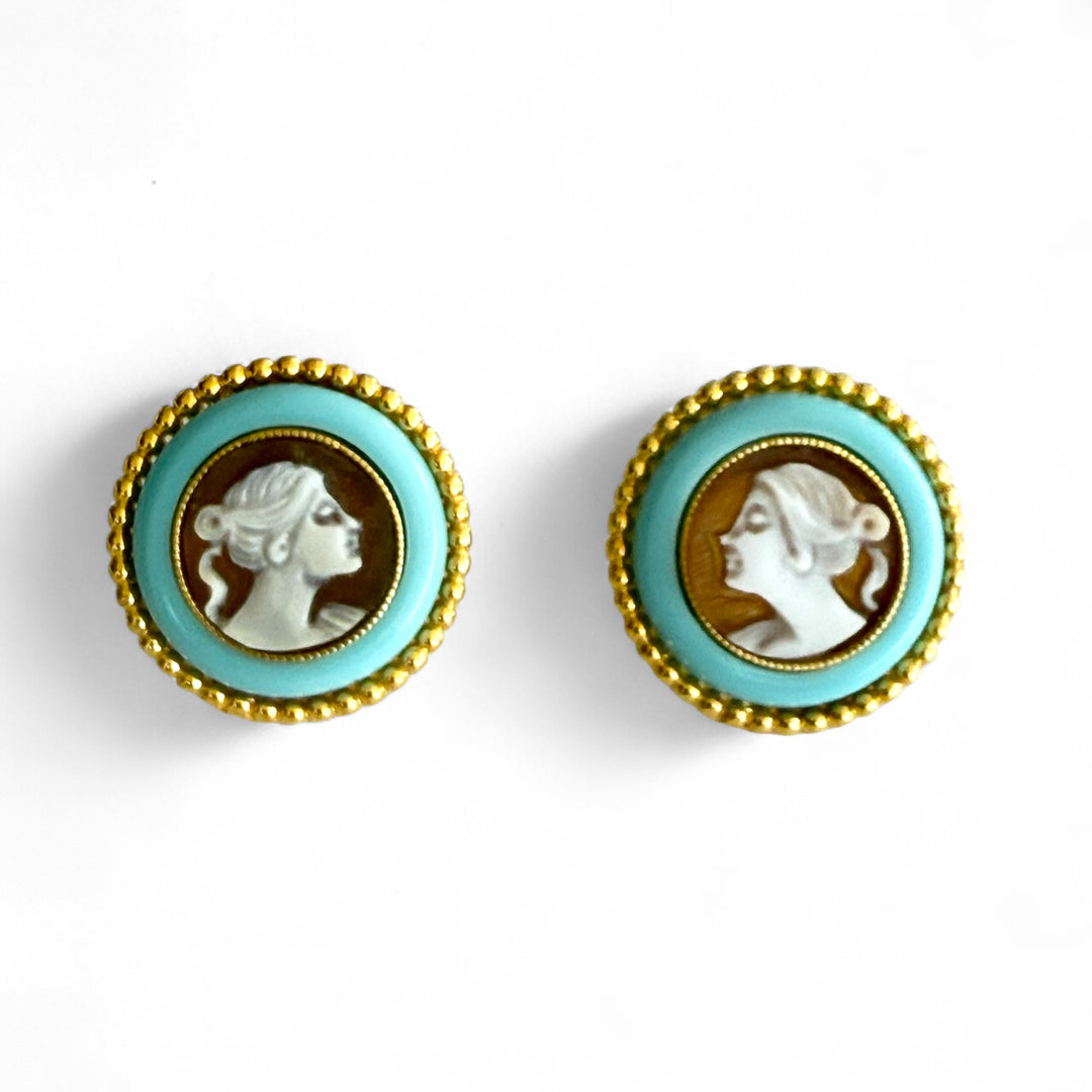 “Lady” earrings in cameo and turquoise paste mounted in silver