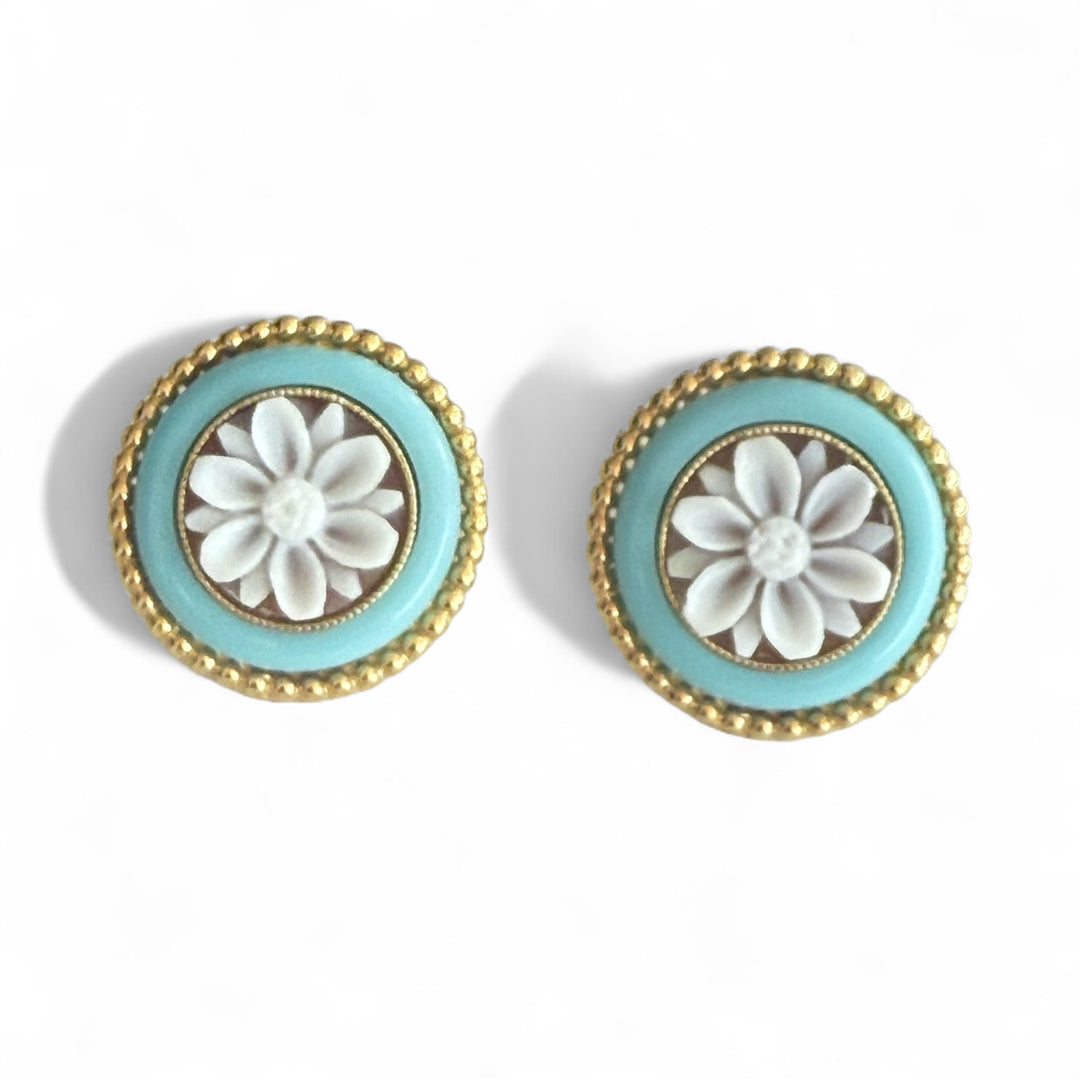 Cameo flower earrings mounted in silver and turquoise paste
