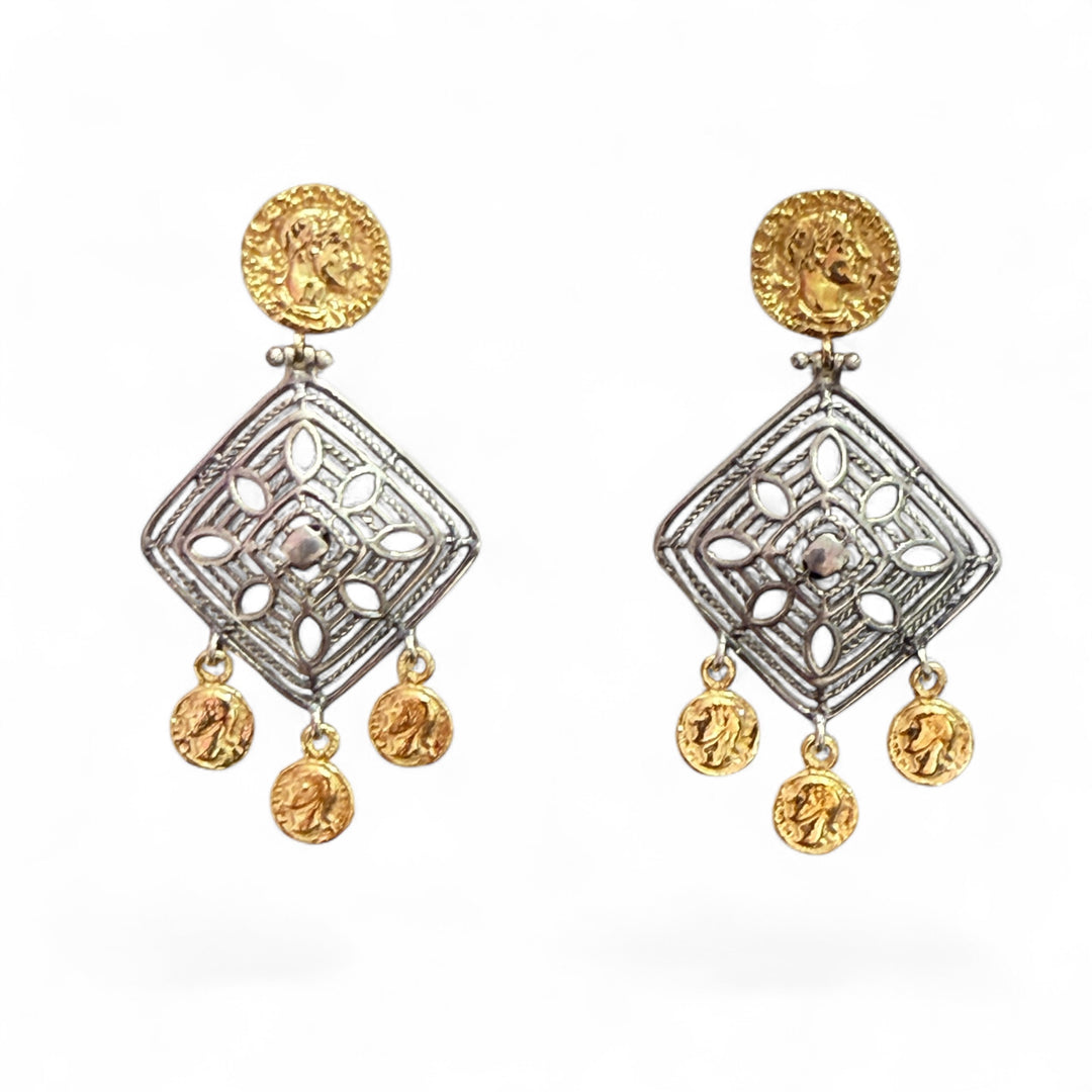 Gypsy earrings with a rhombus and Roman coins mounted in silver