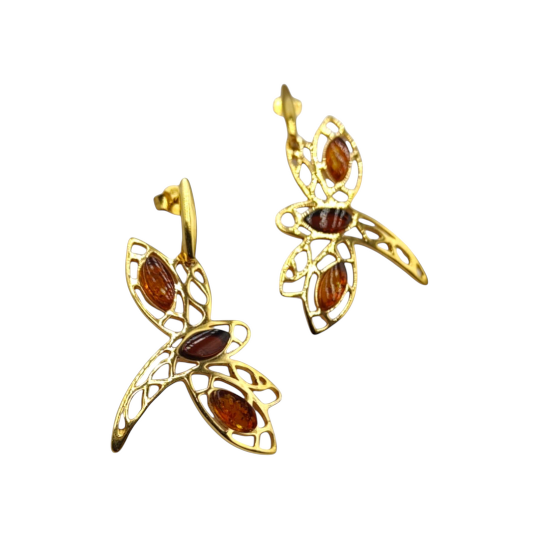 Amber dragonfly earrings set in silver