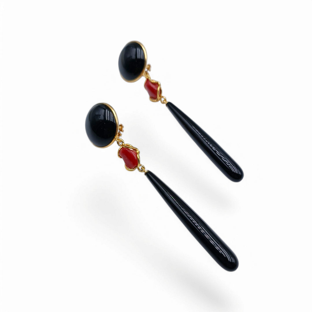 Onyx and coral drop earrings mounted in silver
