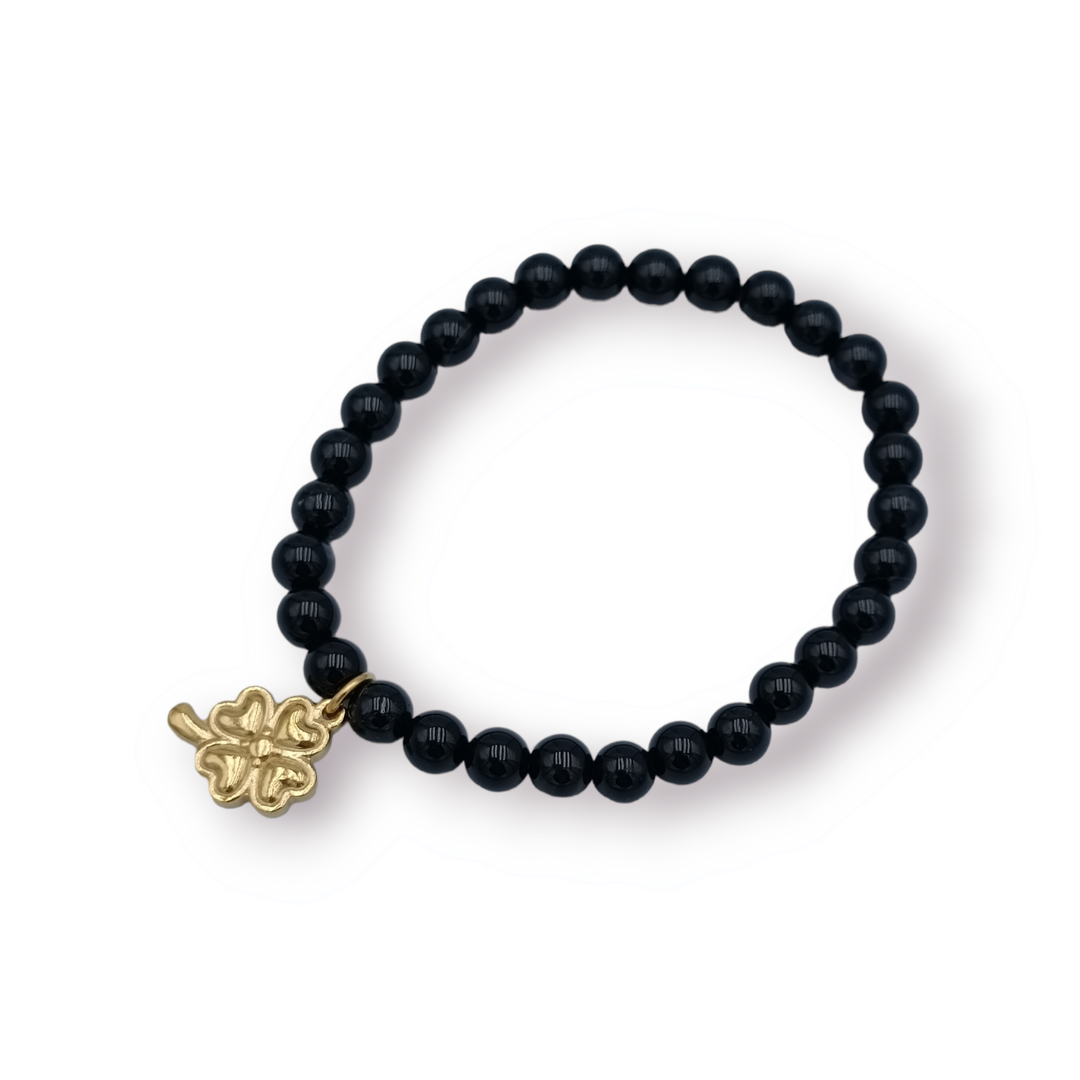 END OF COLLECTION - Four-leaf clover bracelet on black agate beads.