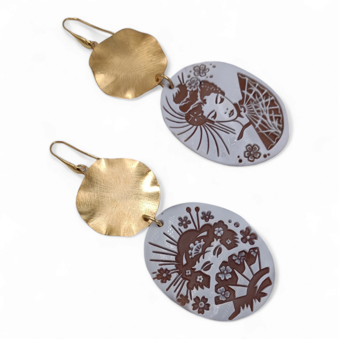 Oriental Line - Geisha Cameo Earrings Mounted on Silver