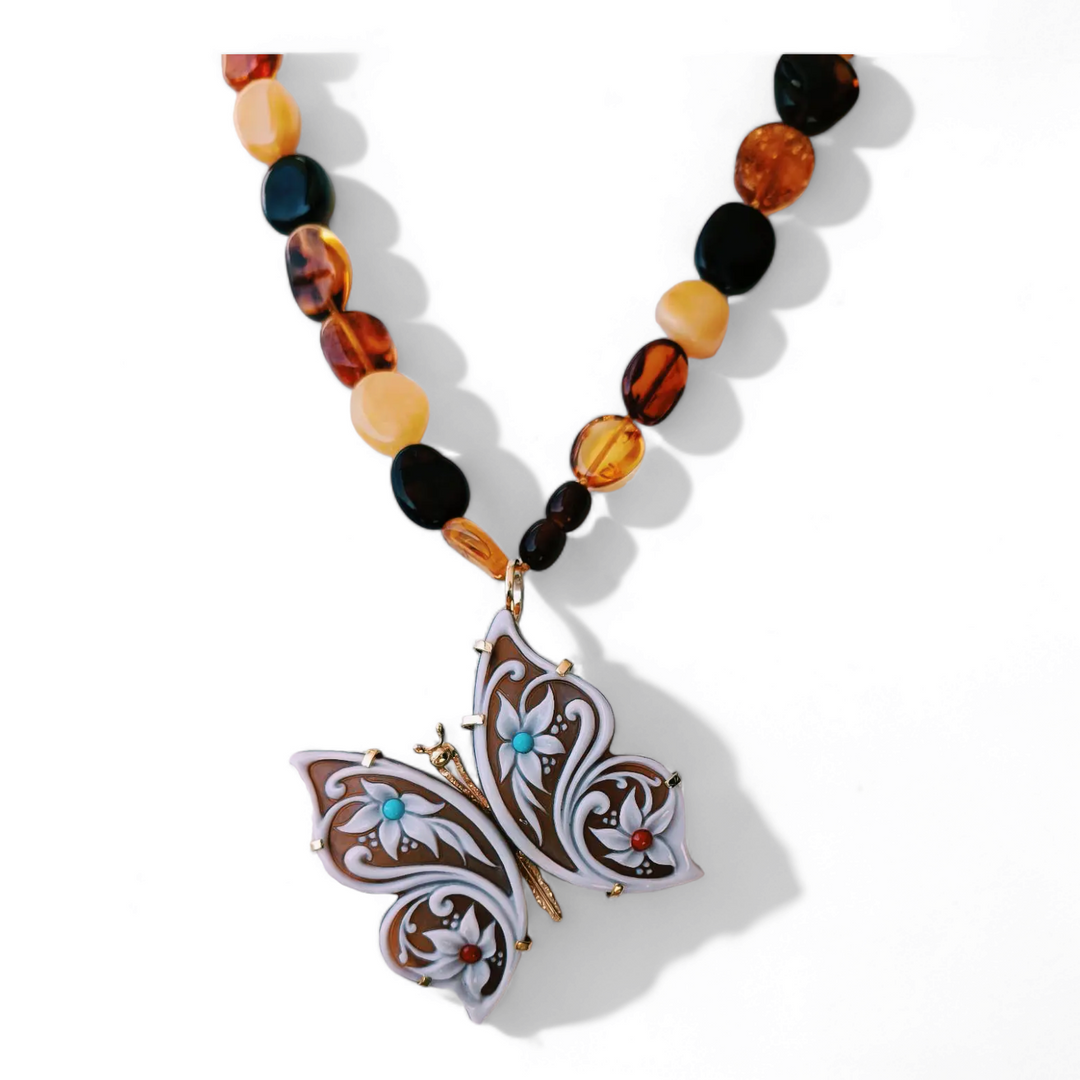Multicolored Amber Butterfly Pendant Necklace