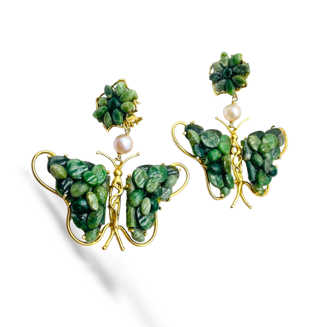 END OF COLLECTION - Green jade butterfly earrings mounted on silver