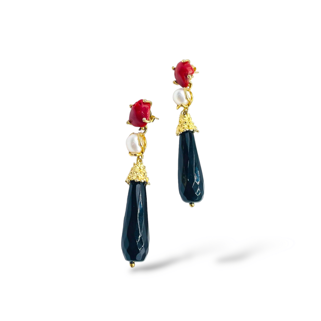 END OF COLLECTION - Coral and agate earrings mounted on silver