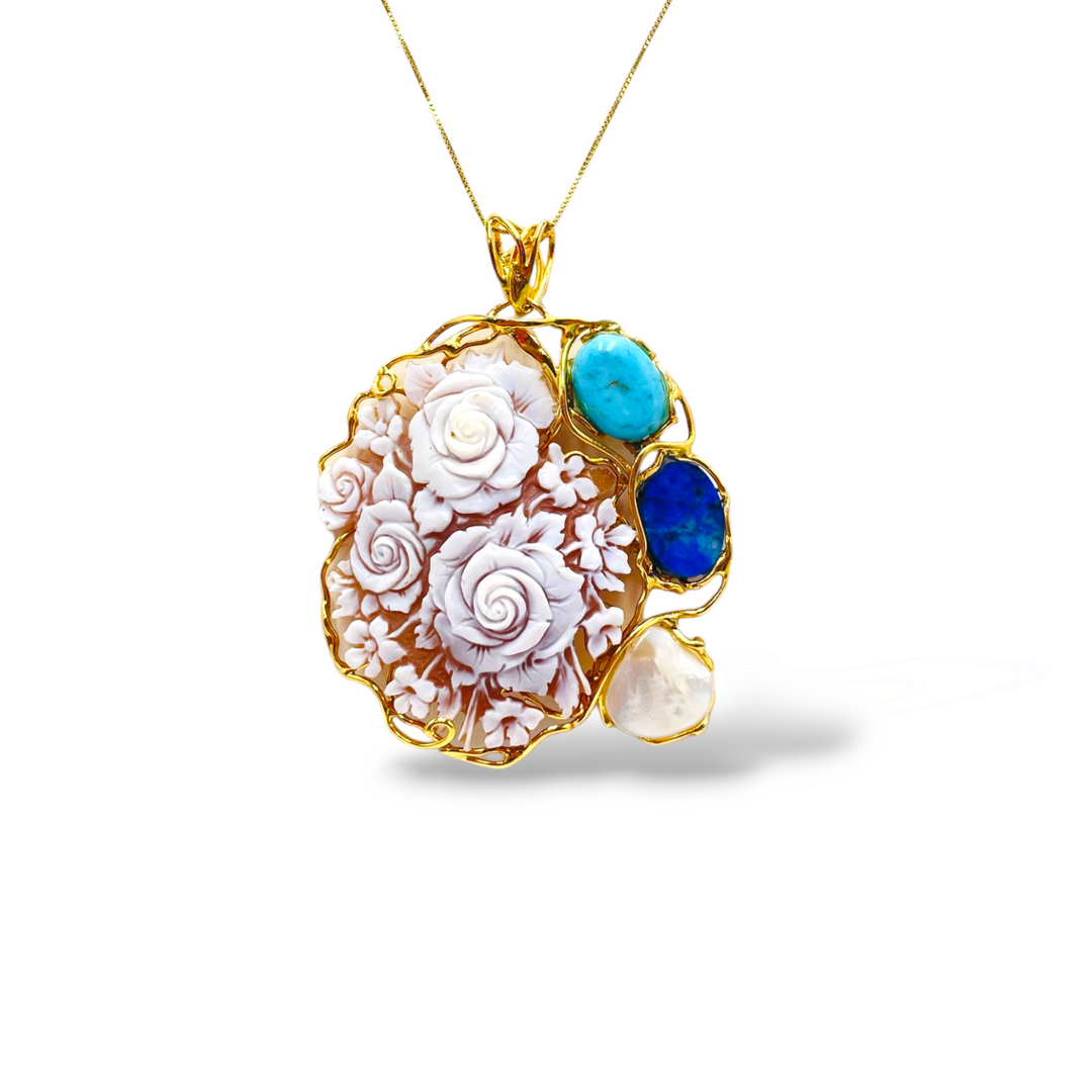 Collana ciondolo fiori in cammeo montato su argento