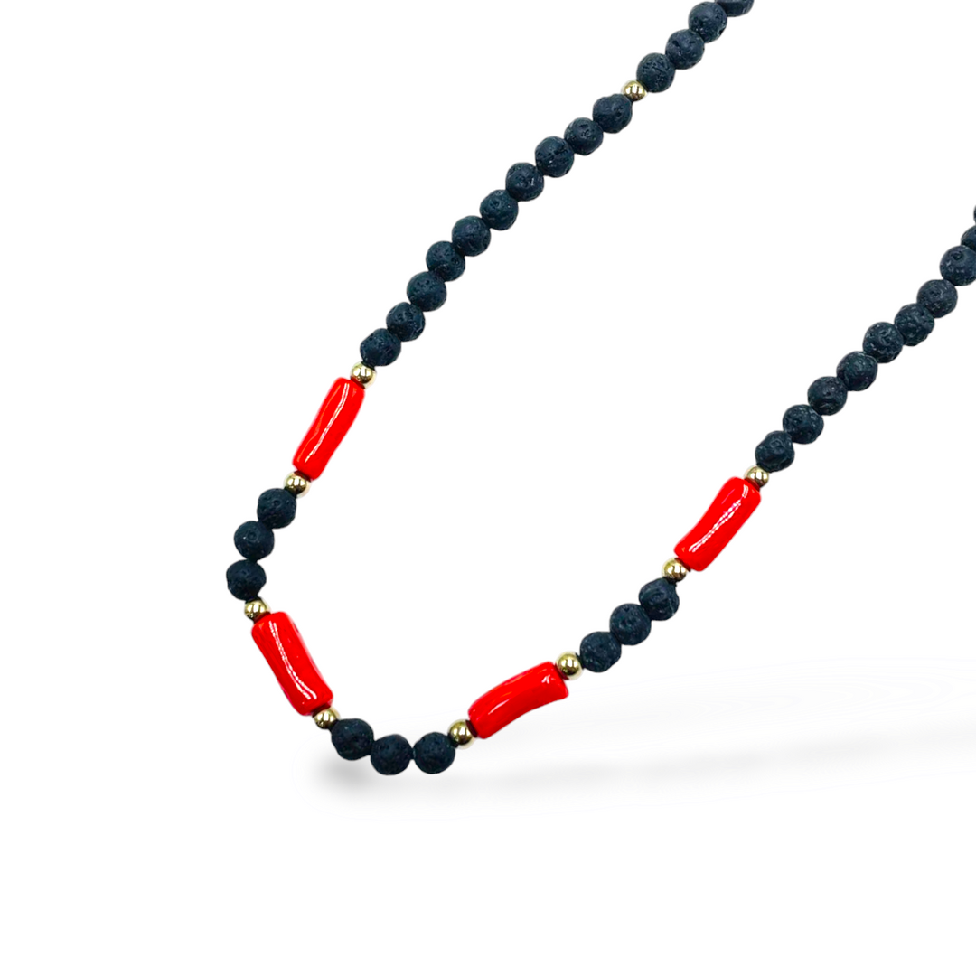 Men's necklace lava stone and coral mounted on silver