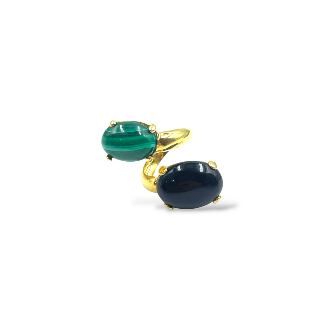 FINE COLLEZIONE - Anello in malachite e agata montato su argento