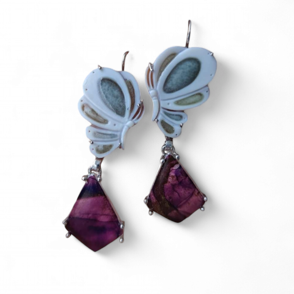 Butterfly earrings in cameo and gems from St. Petersburg