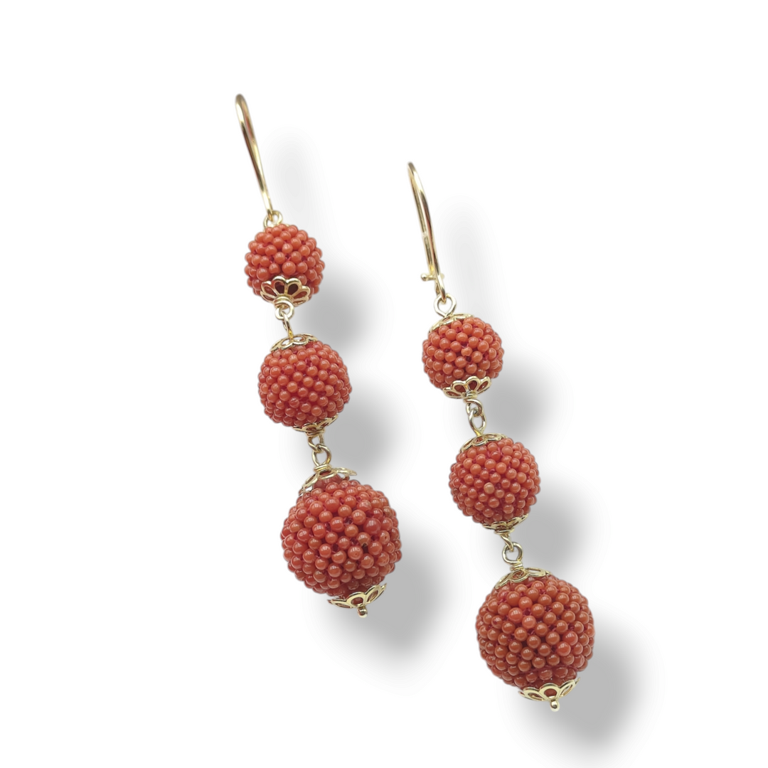 Coral sphere earrings mounted on silver