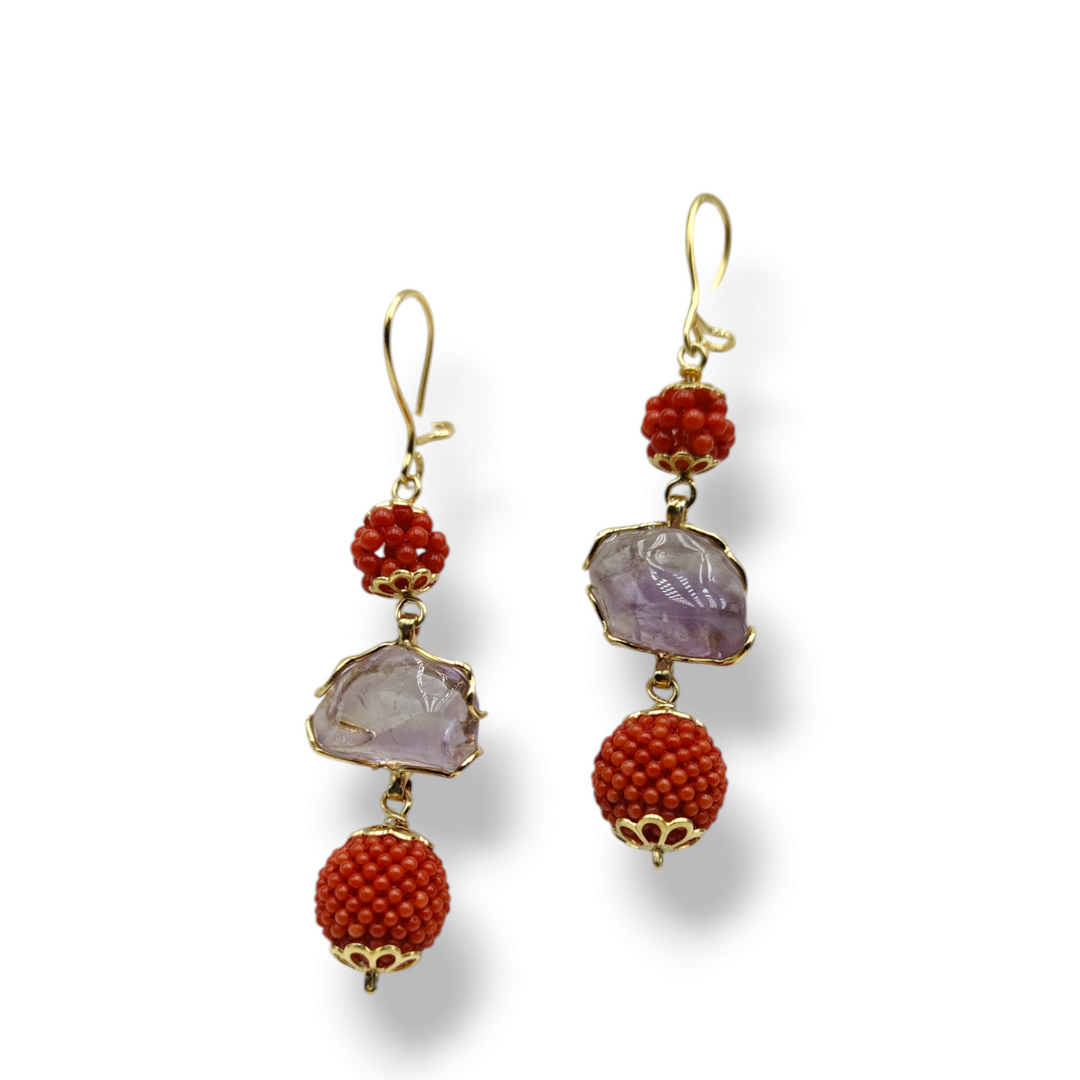 Coral and amethyst sphere earrings mounted on silver