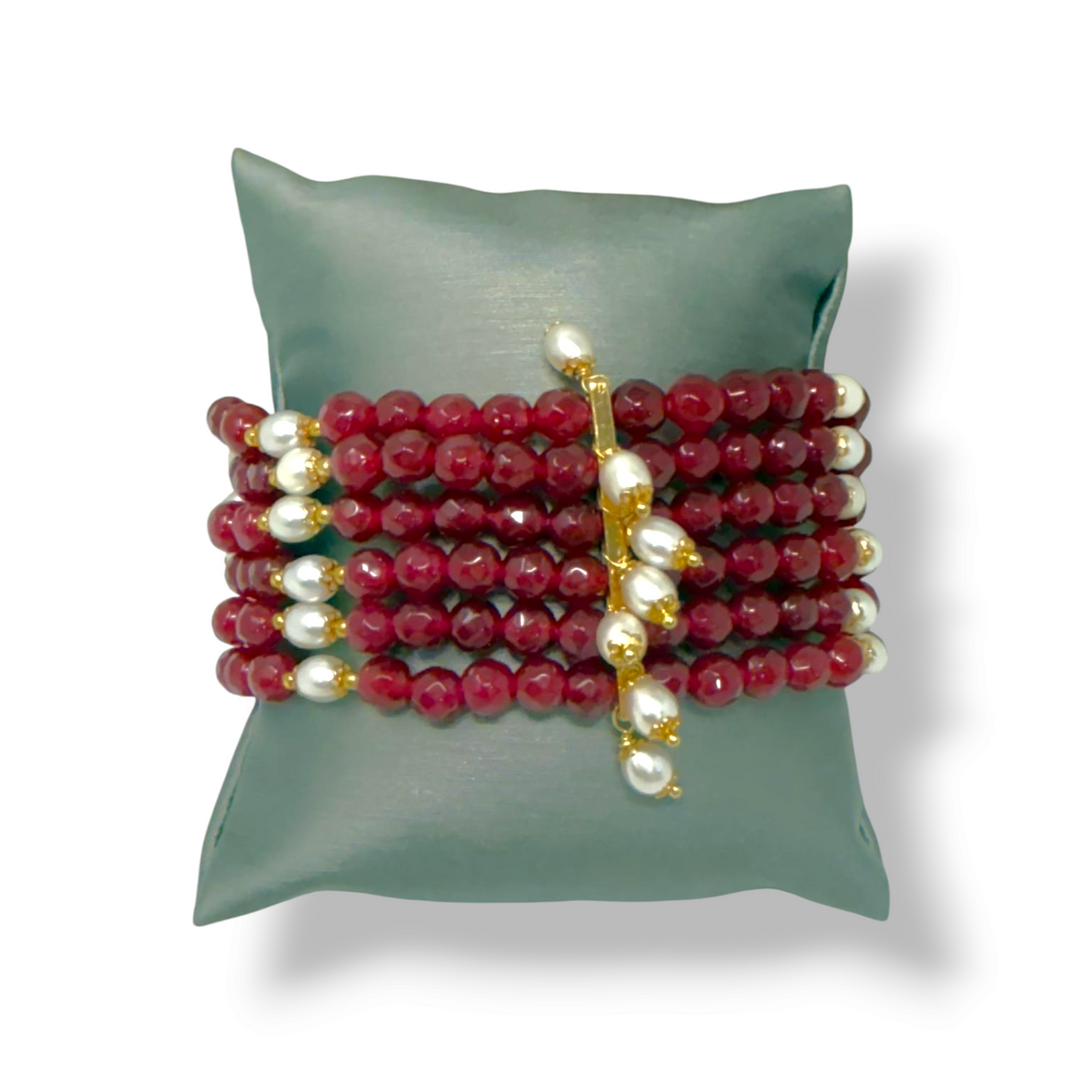 Red jade and river pearl bracelet mounted on silver
