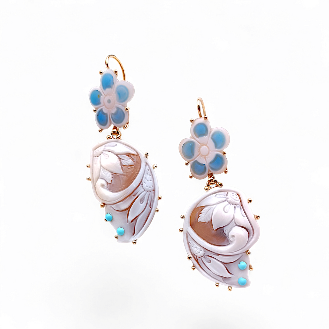 "Butterfly and Flower" Cameo Earrings Mounted on Silver